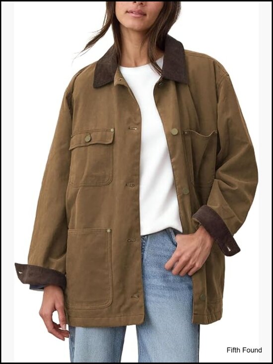Jackets & Blazers - Oversized Utility Cotton Jacket with Pockets Corduroy Collar Workwear